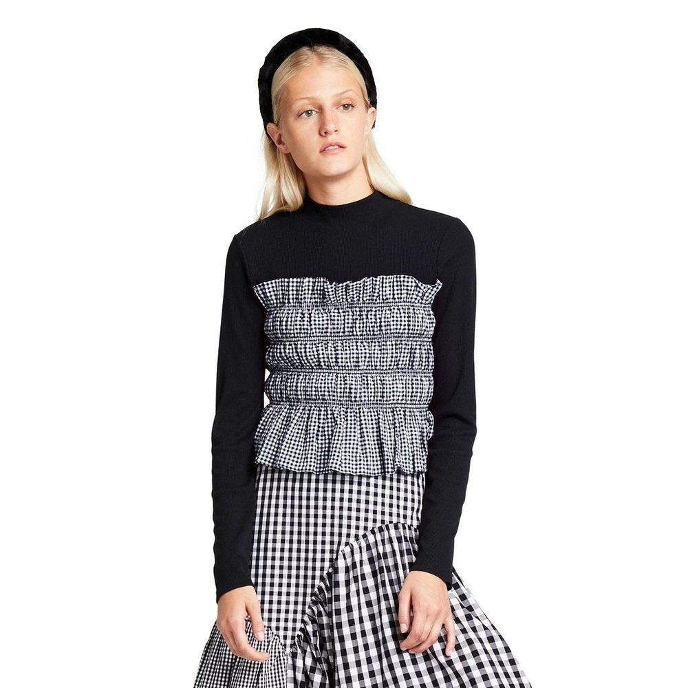 Sandy Liang x Target check checkerboard ruched ruffled layered turtleneck shirt